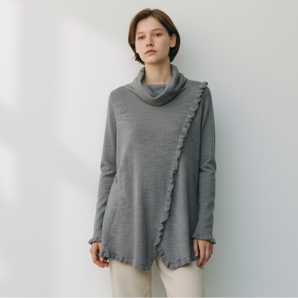 DESIGN365 Women's Grey Cowl Neck Ruffle‎ Asymmetrical Sweater Size Medium